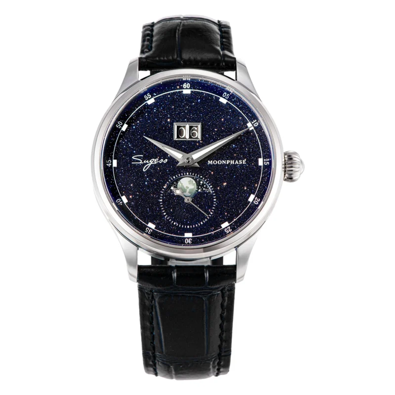 Luxury Moonphase Automatic Watch with Blue Sandstone Dial and Leather Strap - Image 8