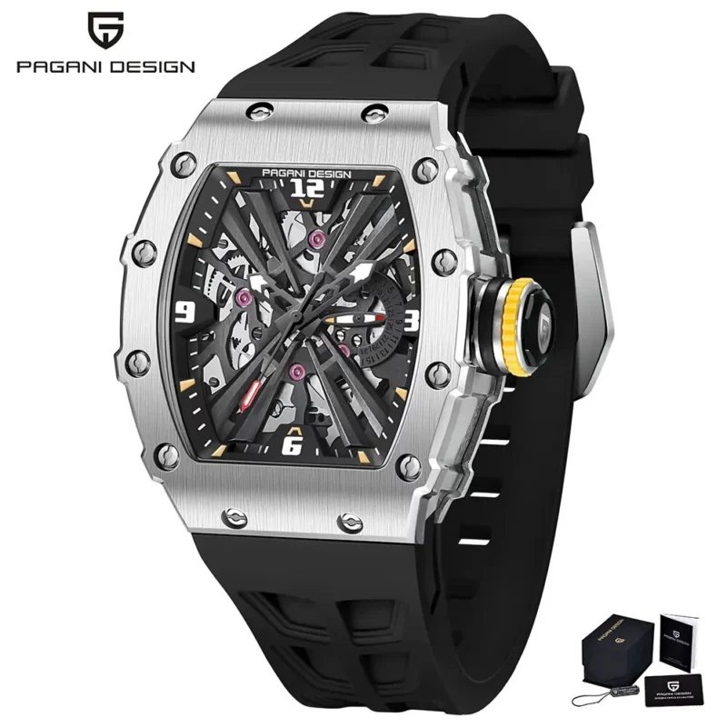 Skeleton Dial Rectangle Quartz Watch with Sapphire Crystal and Rubber Strap - Image 7