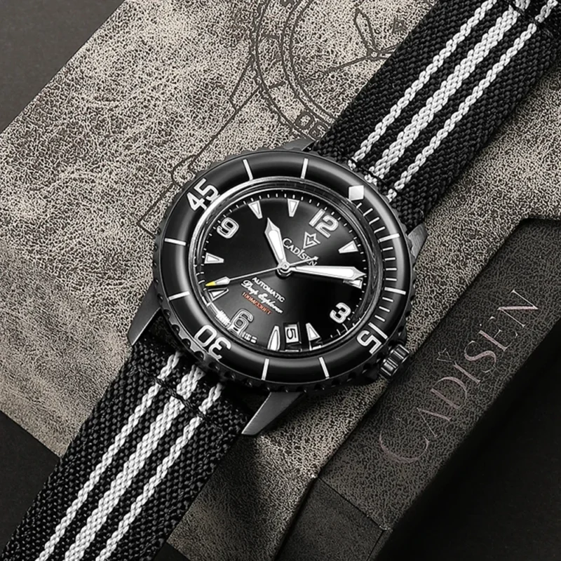 Professional Dive Automatic Watch with Luminous Dial and Canvas Strap