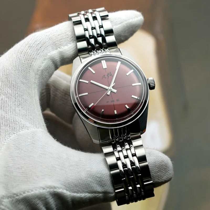 Vintage Salmon Dial Hand-Wind Mechanical Dress Watch with Canvas Strap - Image 8