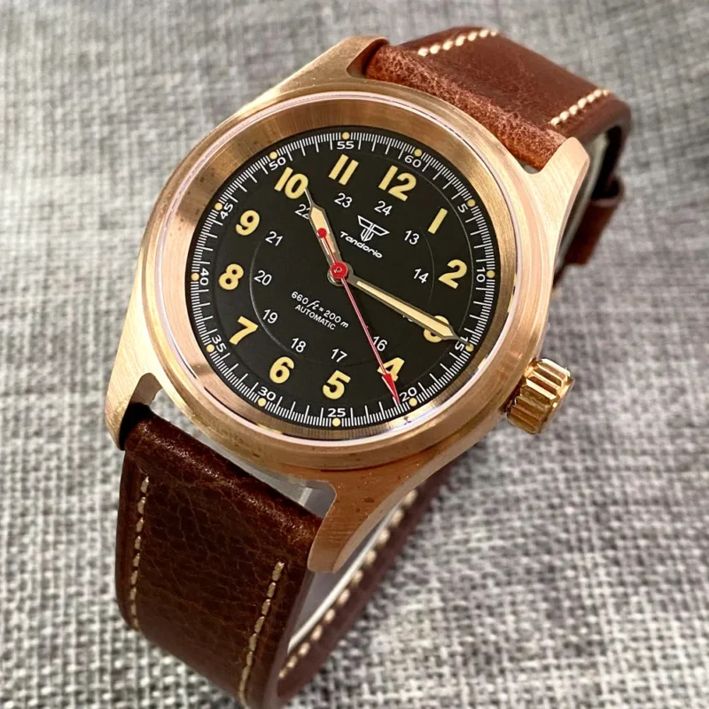 Vintage Bronze 36mm Automatic Pilot Watch with Sapphire Crystal and Leather Strap - Image 15