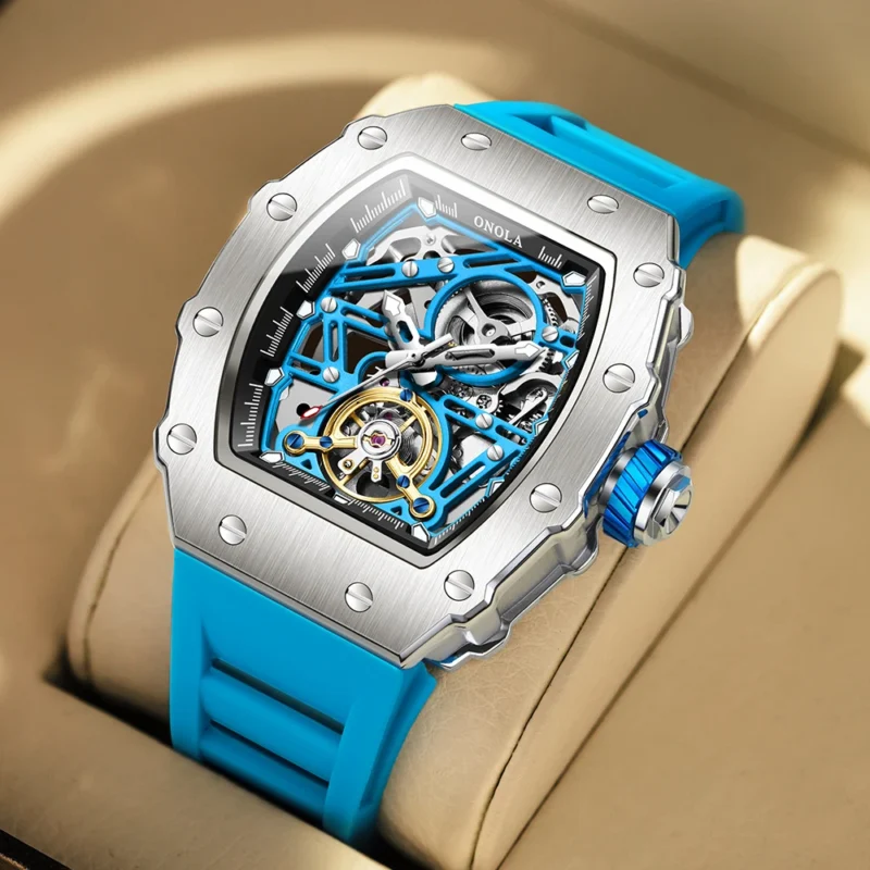 Skeleton Dial Automatic Mechanical Watch with Flywheel Display and Silicone Strap - Image 5