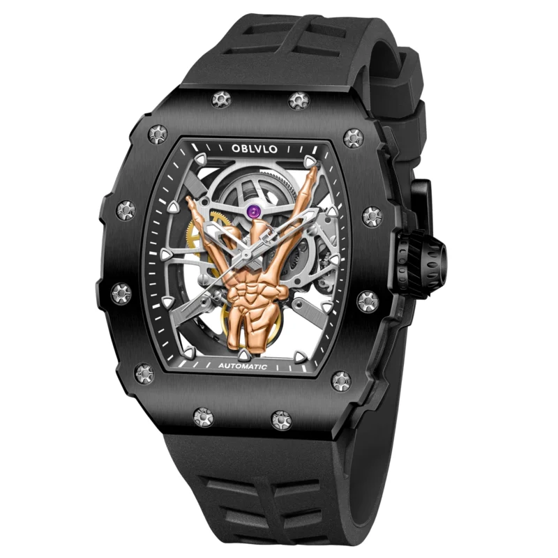 Skeleton Tonneau Automatic Watch with Black PVD Case and Rubber Strap - Image 8