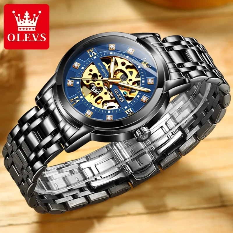 Skeleton Automatic Mechanical Watch with Luminous Dial and Stainless Steel Bracelet - Image 3