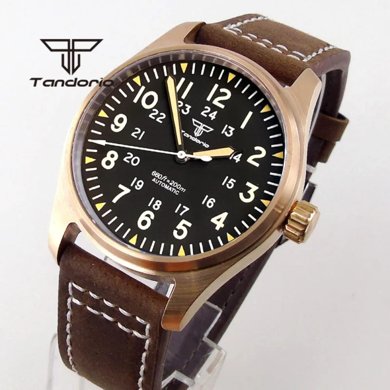 Bronze Automatic Dive Watch 200M Water Resistant with Sapphire Crystal and Leather Strap - Image 11