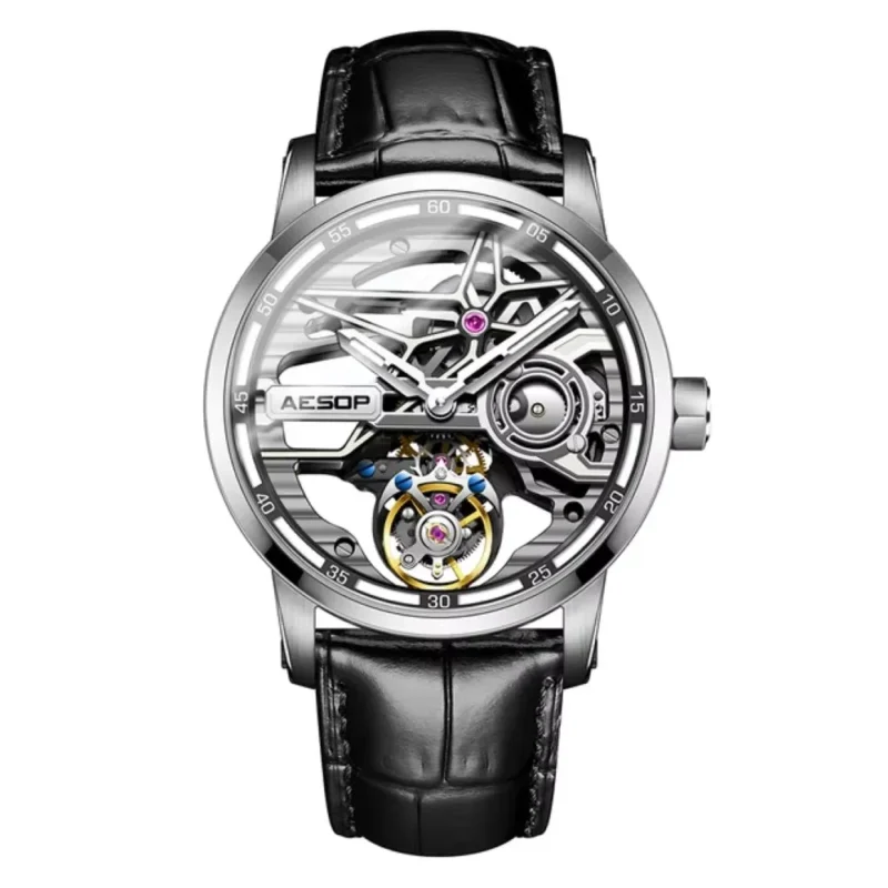 Luxury Flying Tourbillon Skeleton Mechanical Watch with Sapphire Crystal and Leather Strap - Image 8