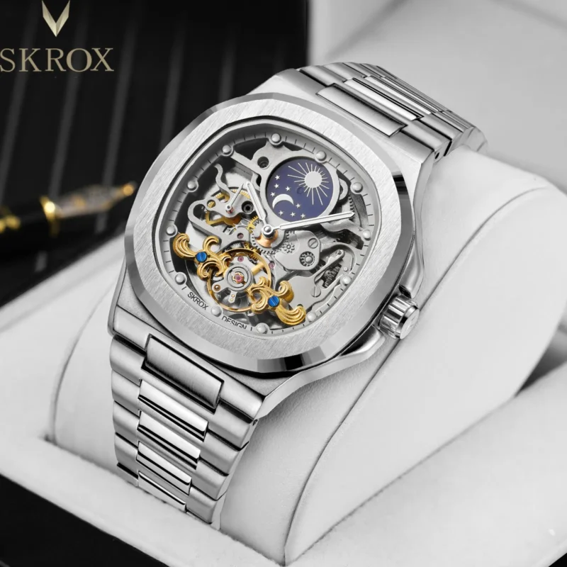 Square Skeleton Automatic Moon Phase Watch with Sapphire Crystal and Stainless Steel Bracelet - Image 2