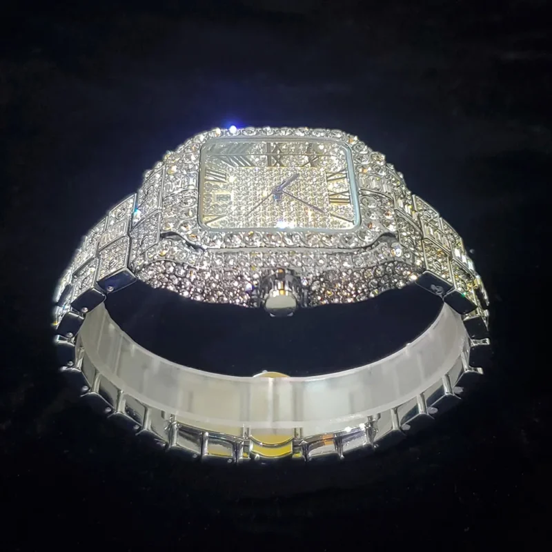 Square Diamond Iced Out Quartz Watch with Stainless Steel Bracelet - Image 4