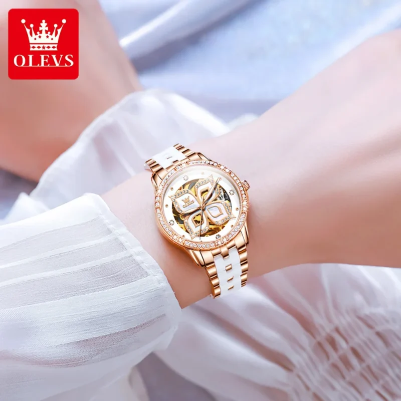 Elegant Ladies Automatic Butterfly Dial Watch with Ceramic Band and Luminous Display - Image 4