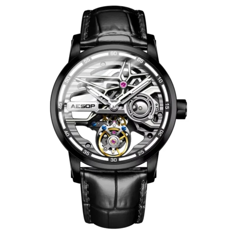Luxury Flying Tourbillon Skeleton Mechanical Watch with Sapphire Crystal and Leather Strap - Image 7