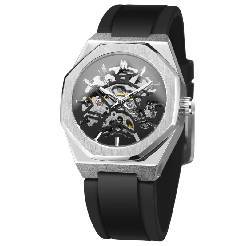 Octagon Skeleton Automatic Watch with Stainless Steel Case and Rubber Strap - Image 11