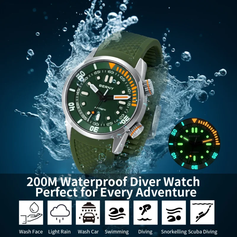 Professional Diver Automatic Watch with Sapphire Crystal and Super Luminous Dial 20Bar Water Resistant - Image 4