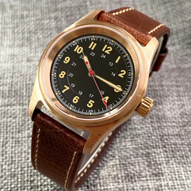 Vintage Bronze 36mm Automatic Pilot Watch with Sapphire Crystal and Leather Strap - Image 3