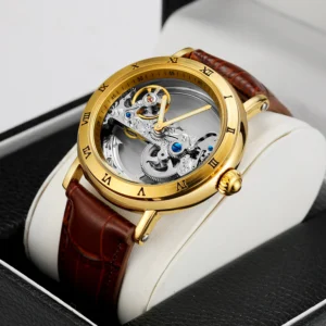 Luxury Skeleton Automatic Watch with Roman Numerals and Genuine Leather Strap