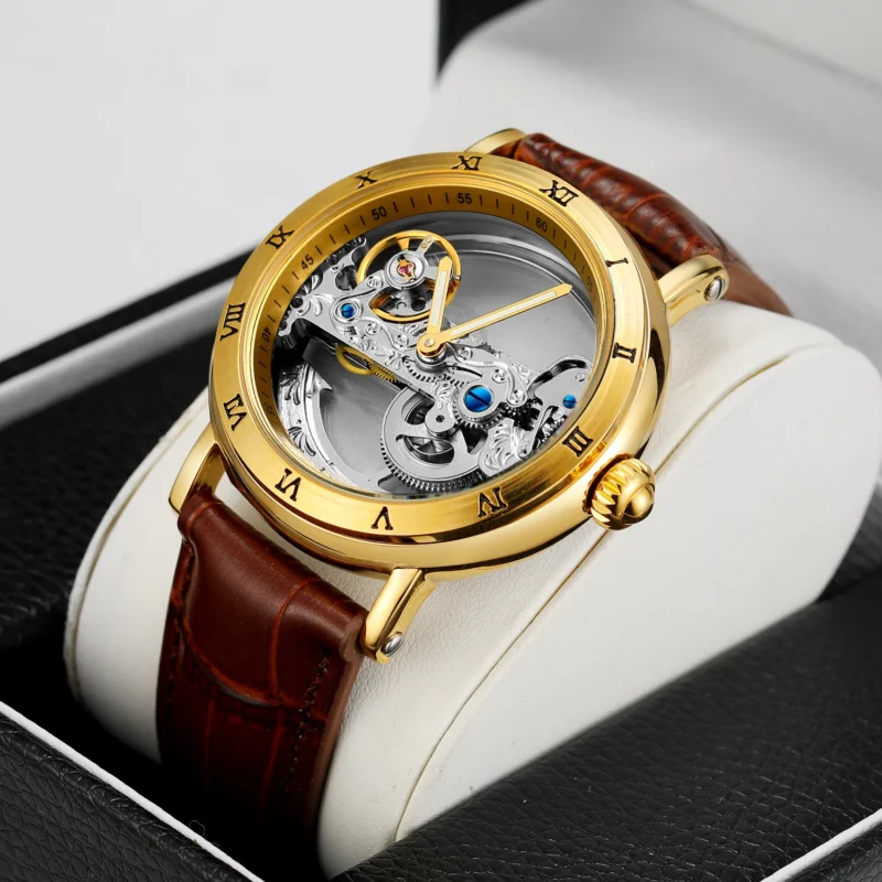 Luxury Skeleton Automatic Watch with Roman Numerals and Genuine Leather Strap