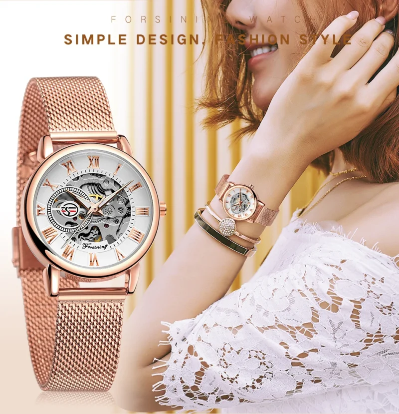 Ladies Luxury Skeleton Mechanical Watch with Stainless Steel Bracelet - Image 2