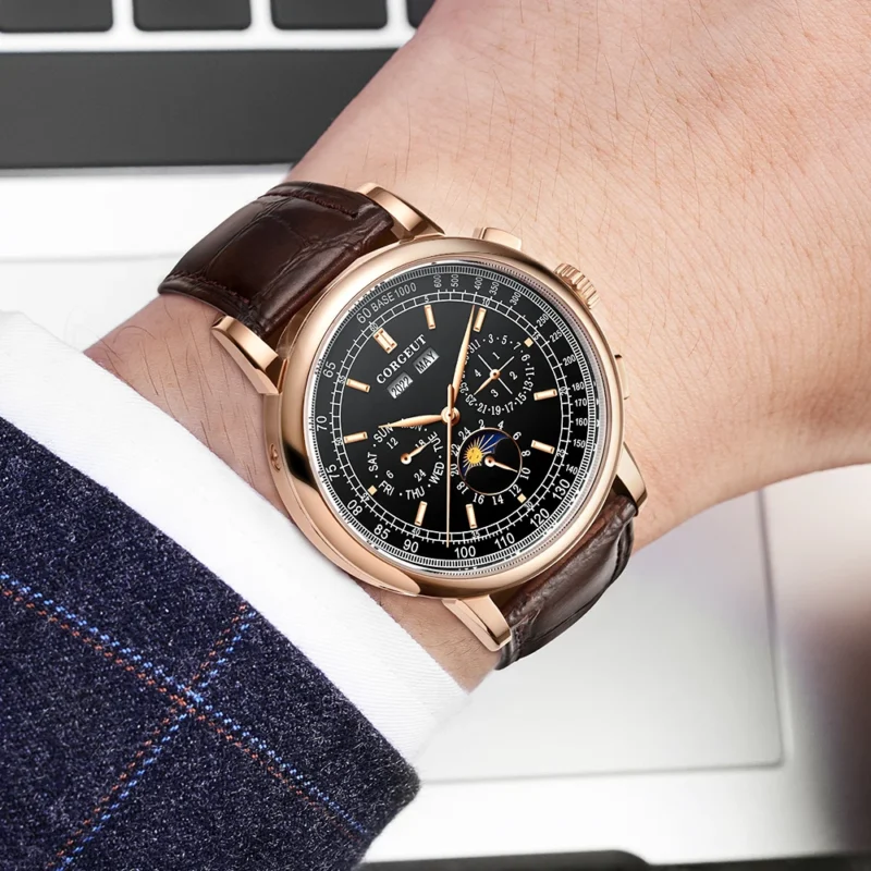 Luxury Moonphase Automatic Watch with Multi-Calendar Display and Genuine Leather Strap - Image 4