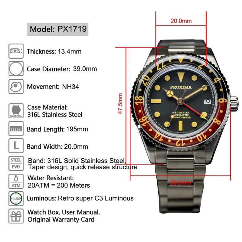 Professional GMT Automatic Dive Watch with Sapphire Bezel and 316L Stainless Steel Bracelet - Image 6