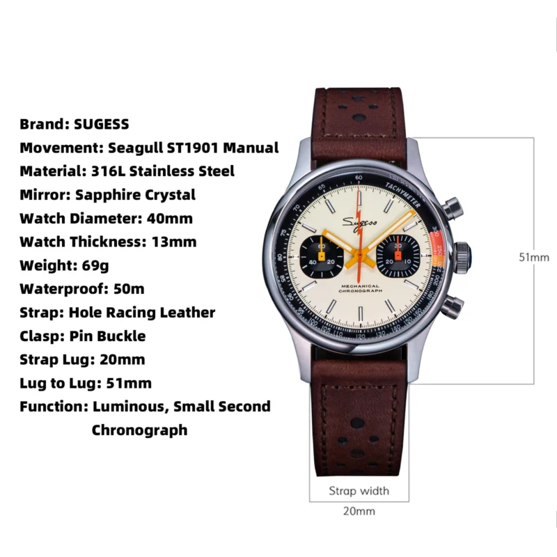 Vintage Pilot Chronograph Mechanical Watch with Sapphire Crystal and Leather Strap - Image 6