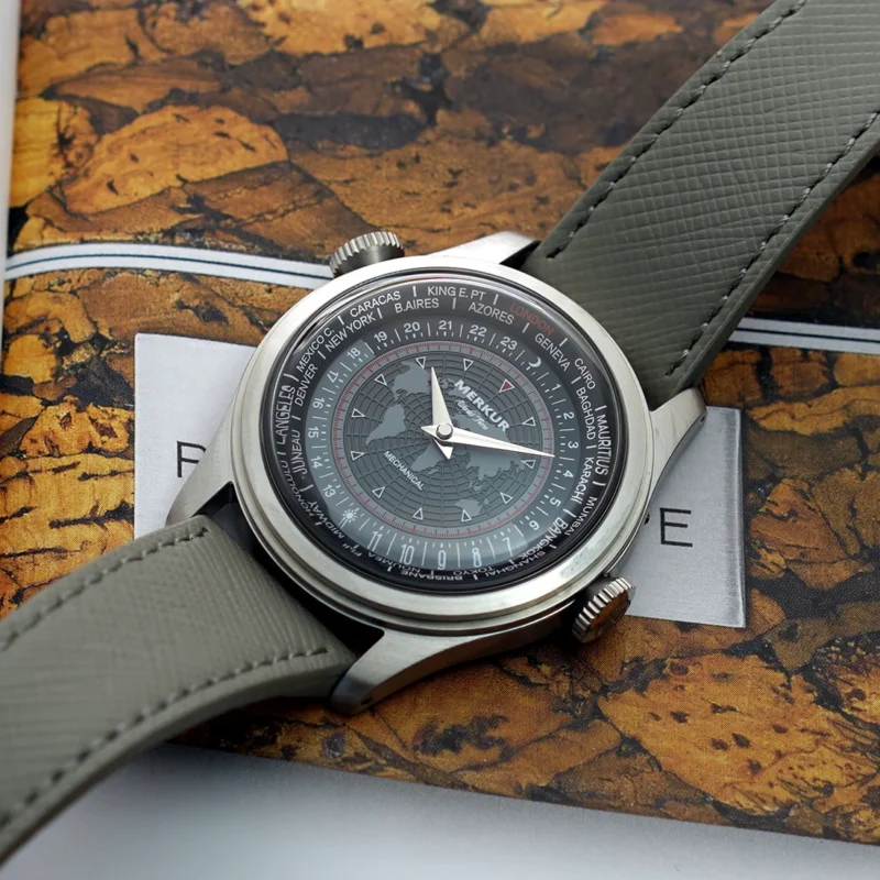 Vintage Dual Crown Calendar Week Manual Wind Watch with Leather Strap and 38mm Steel Case - Image 4