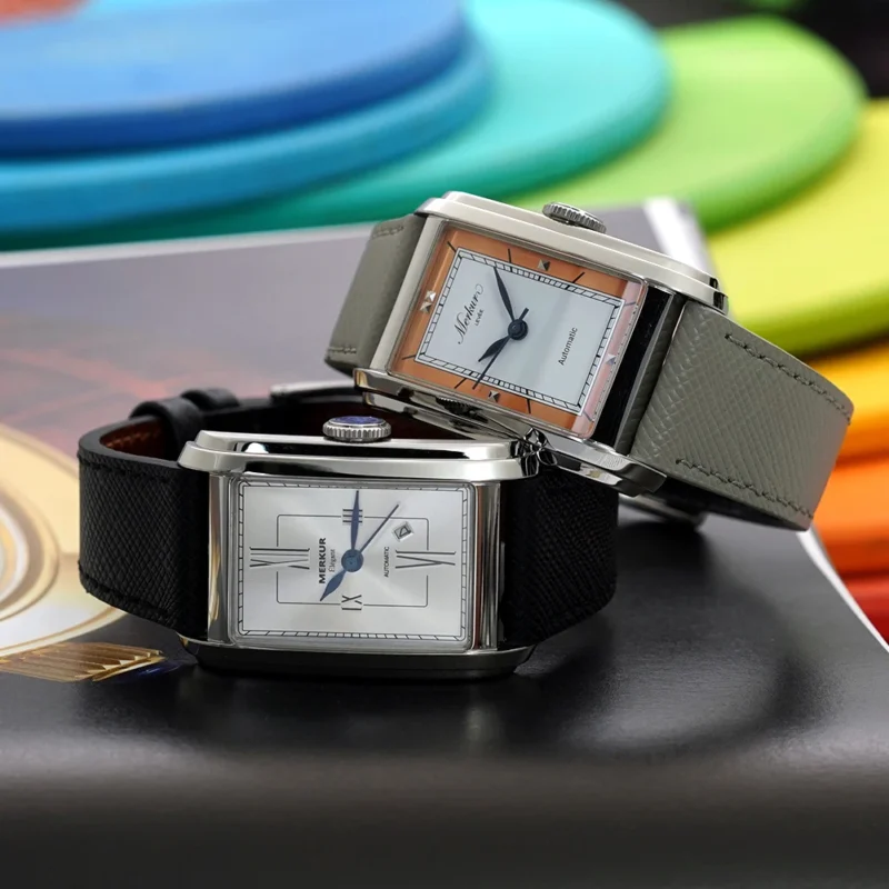 Rectangular Automatic Watch with Sapphire Crystal and Leather Strap - Image 2