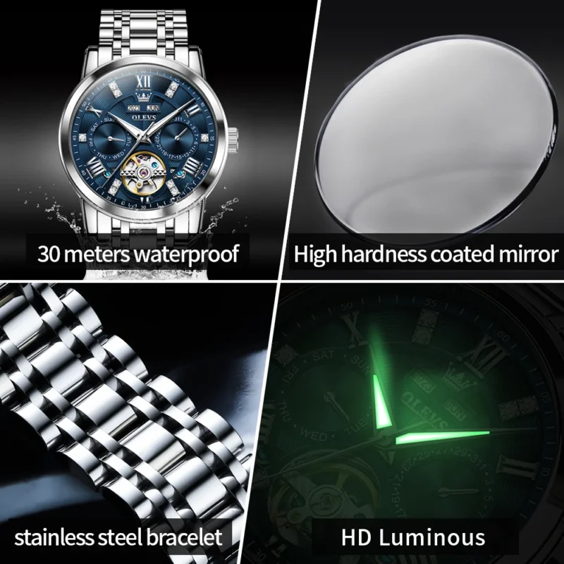 Skeleton Automatic Watch with Dual Calendar Display Luminous Dial Stainless Steel Self-Wind Timepiece - Image 6