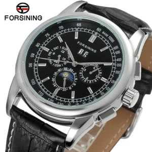 Moon Phase Automatic Watch with Calendar Function Sapphire Crystal Stainless Steel Case and Leather Strap
