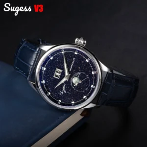 Luxury Moonphase Automatic Watch with Blue Sandstone Dial and Leather Strap