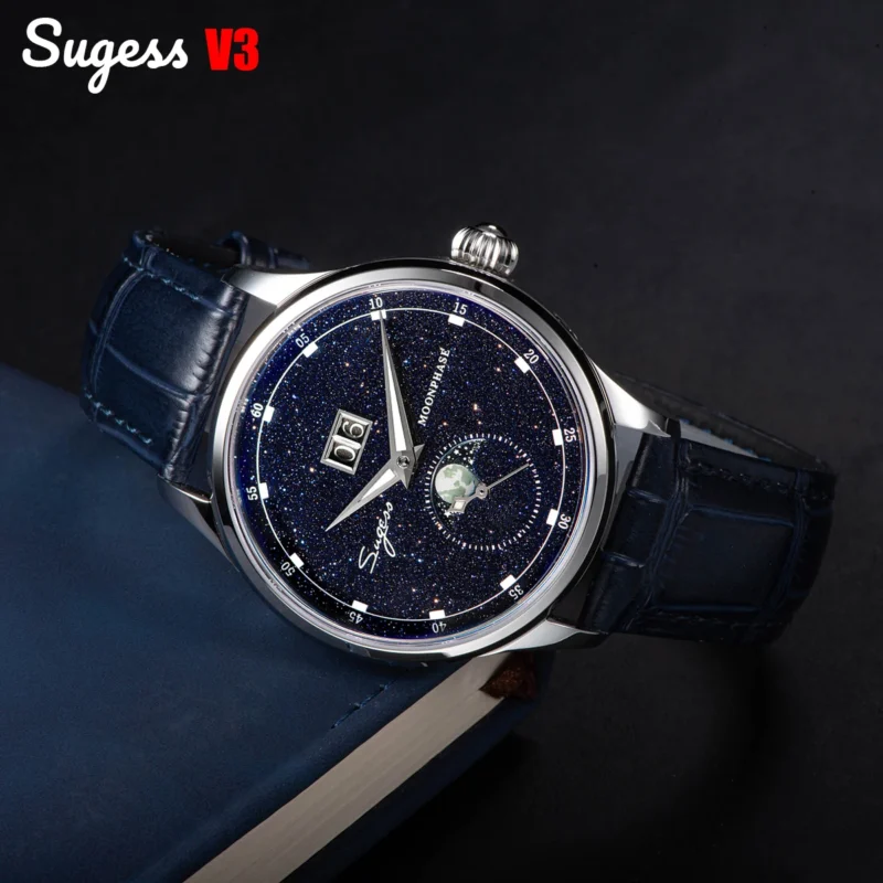 Luxury Moonphase Automatic Watch with Blue Sandstone Dial and Leather Strap