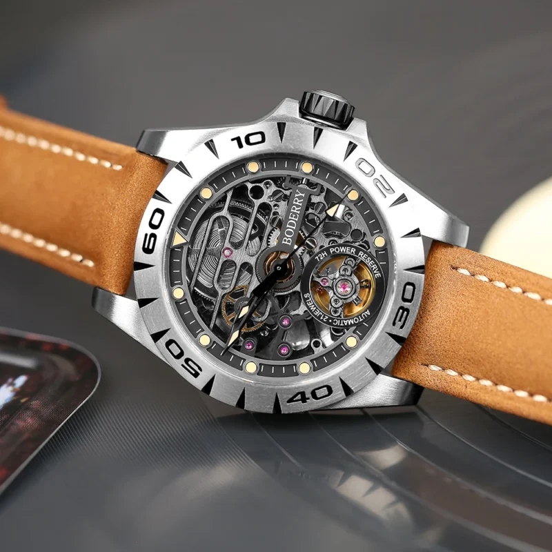 Urban Skeleton Automatic Watch with Titanium Case and Leather Strap