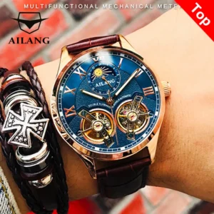 Luxury Double Flywheel Automatic Watch with Moonphase and Exhibition Caseback