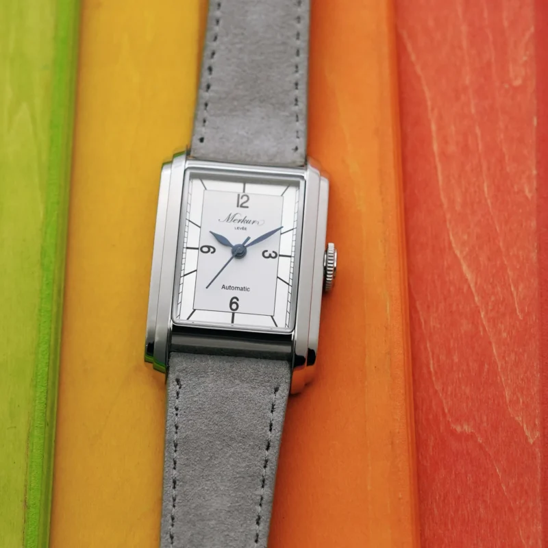 Rectangular Automatic Watch with Sapphire Crystal and Leather Strap - Image 4