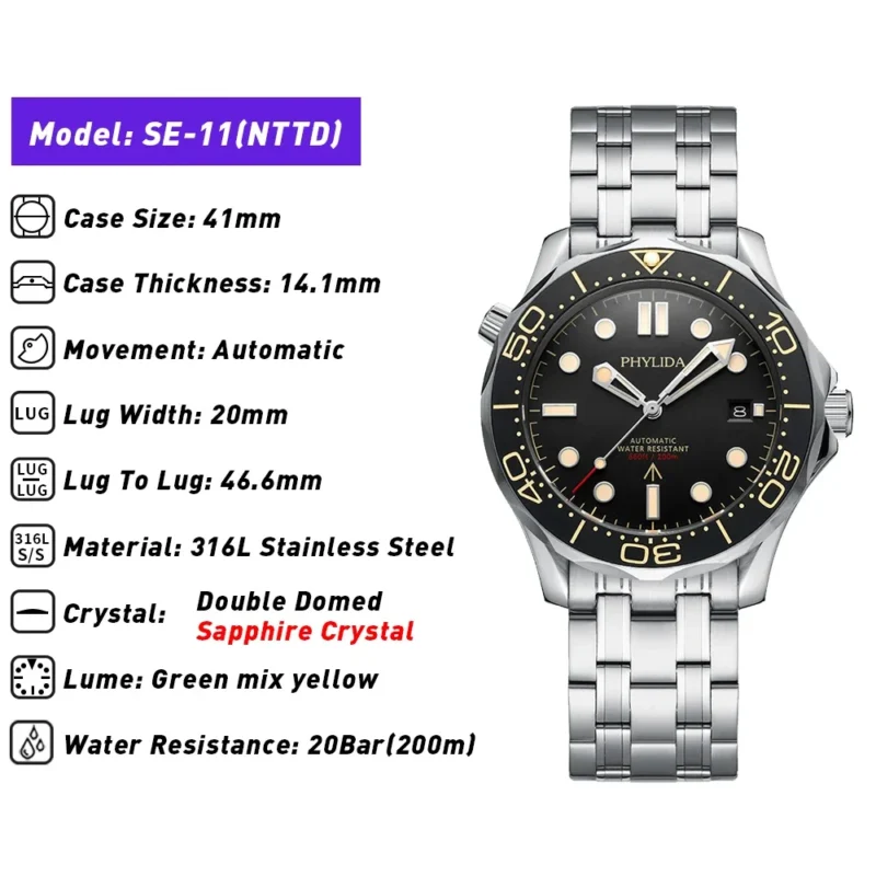 Professional Automatic Dive Watch with Sapphire Crystal and Mesh Bracelet 200M Water Resistant - Image 3