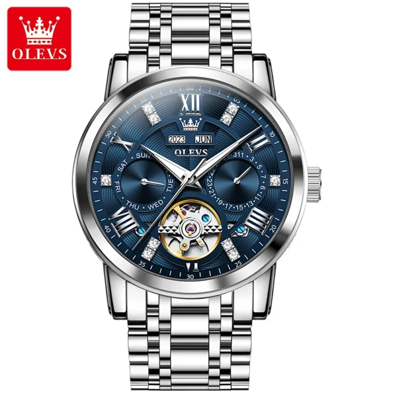 Skeleton Automatic Watch with Dual Calendar Display Luminous Dial Stainless Steel Self-Wind Timepiece - Image 9