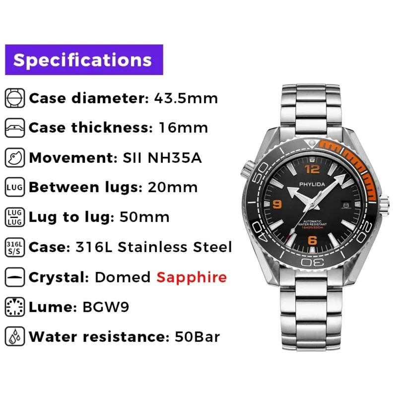 Professional Automatic Dive Watch with Black/Orange Dial and Ceramic Bezel 500M Water Resistant - Image 3