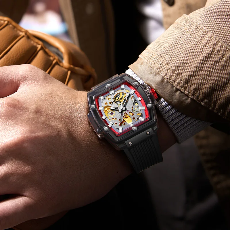 Transparent skeleton mechanism revealing the intricate engineering of thin watch movements