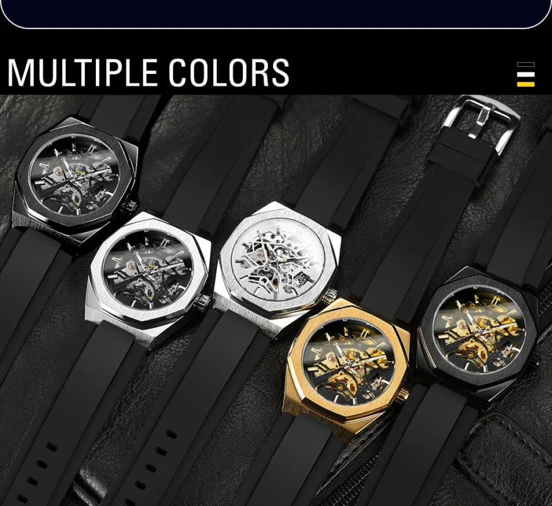 Octagon Skeleton Automatic Watch with Stainless Steel Case and Rubber Strap - Image 4