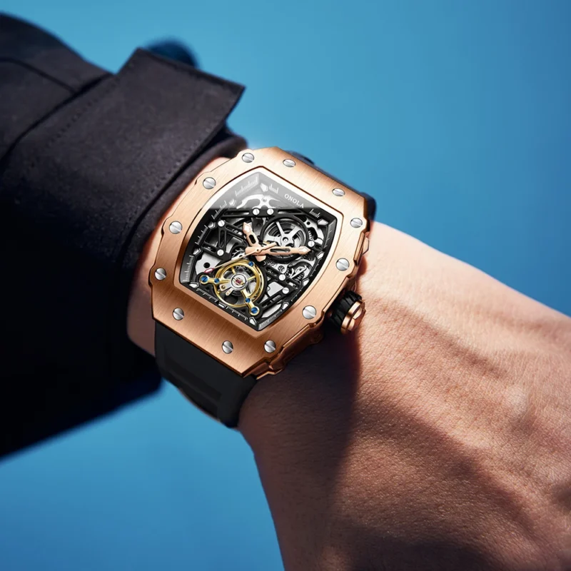 Skeleton Dial Automatic Mechanical Watch with Flywheel Display and Silicone Strap - Image 2