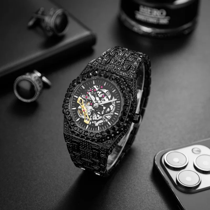Luxury Skeleton Tourbillon Automatic Watch with Diamond Accents and Green Dial - Image 7