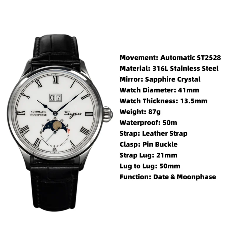 Luxury Automatic Moonphase Watch with Sapphire Crystal and Leather Strap - Image 6