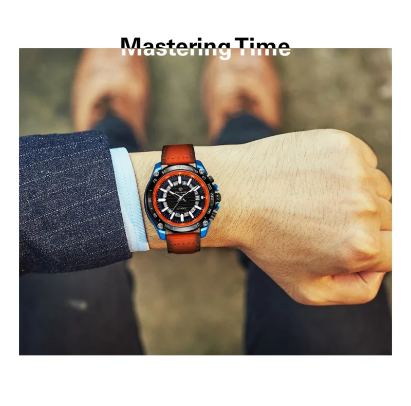 Skeleton Automatic Watch with Complete Calendar, Luminous Dial and Orange Leather Strap - Image 3