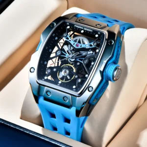 Luxury Skeleton Automatic Watch with Sapphire Crystal and Rubber Strap
