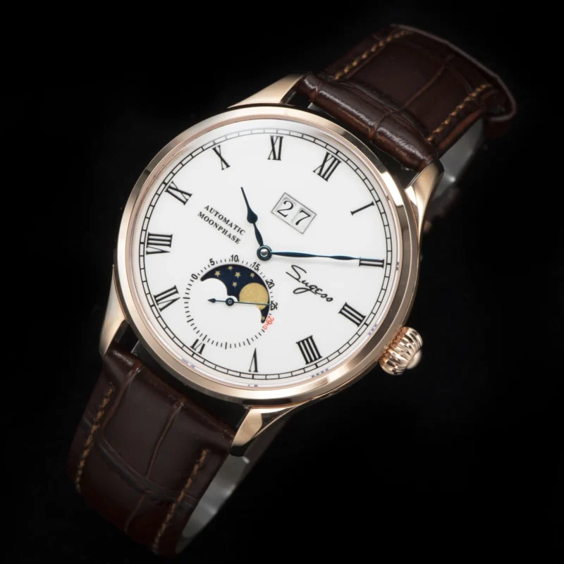 Luxury Automatic Moonphase Watch with Sapphire Crystal and Leather Strap - Image 3