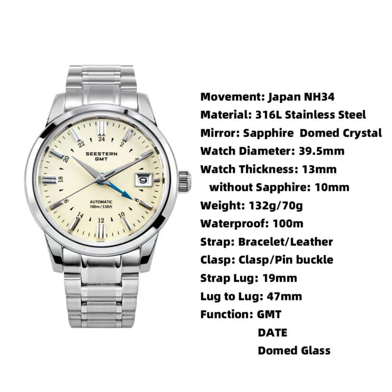Professional GMT Automatic Watch with NH34 Movement, Domed Sapphire Crystal and Stainless Steel Bracelet - Image 6