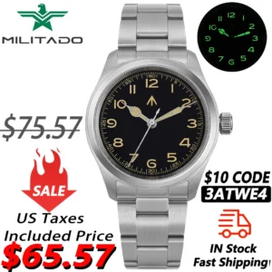 Military Vintage Quartz Field Watch with Double Sapphire Crystal and 10Bar Water Resistance