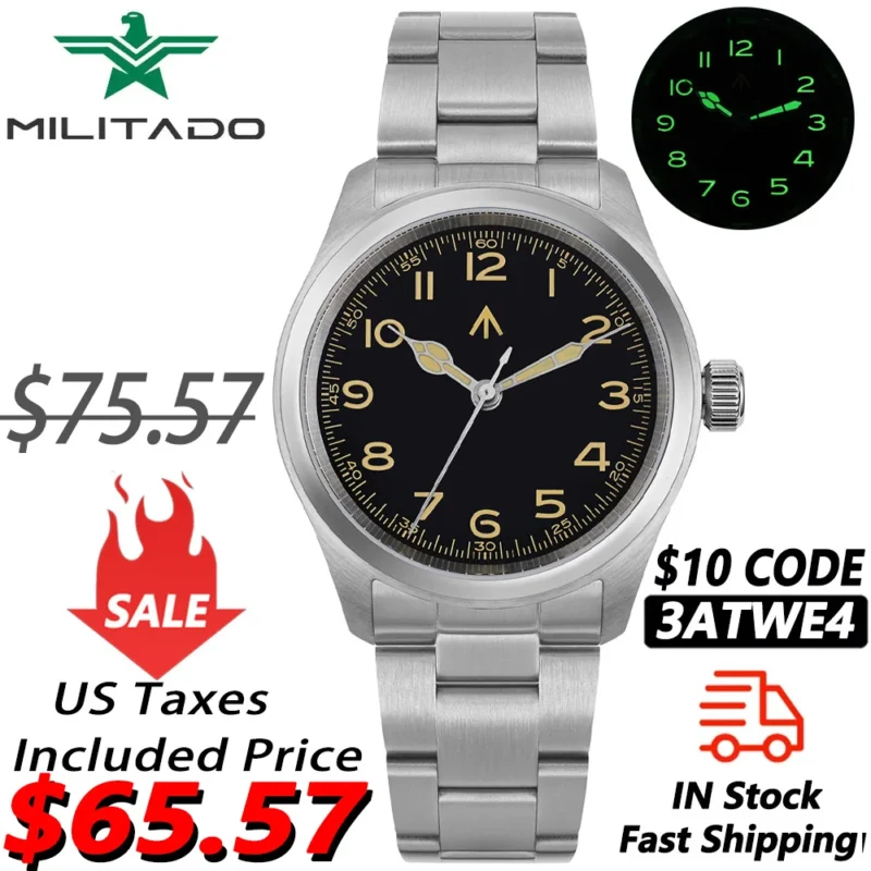 Military Vintage Quartz Field Watch with Double Sapphire Crystal and 10Bar Water Resistance