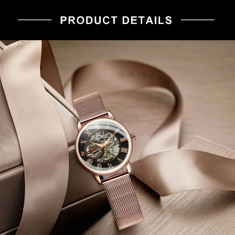 Ladies Skeleton Mechanical Watch with Rose Gold Case and Mesh Steel Bracelet - Image 4