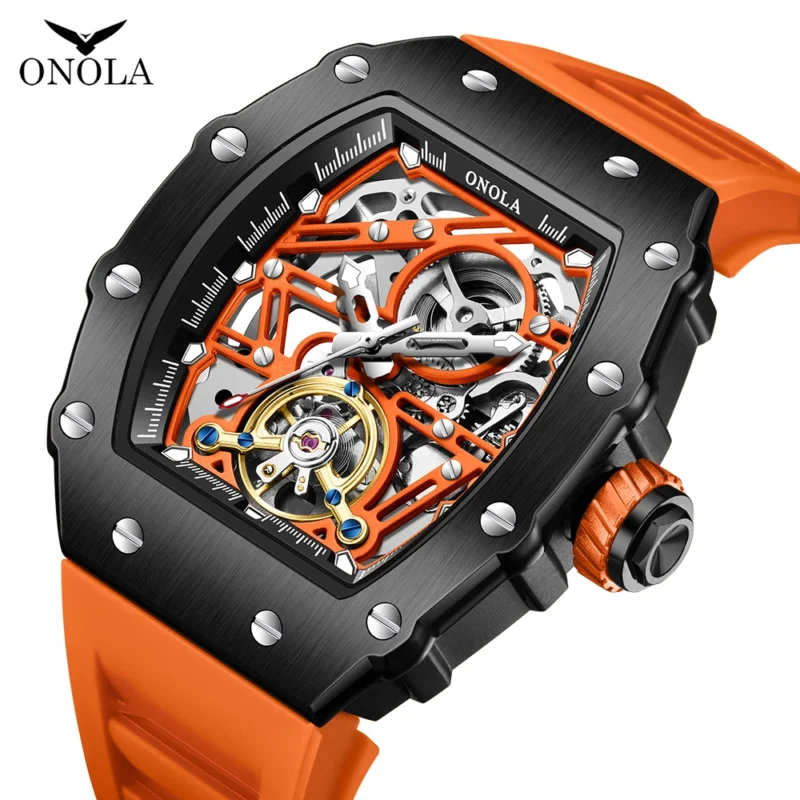 Skeleton Dial Automatic Mechanical Watch with Flywheel Display and Silicone Strap