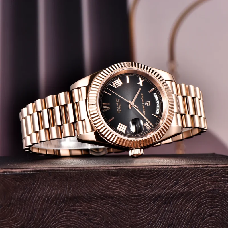 Luxury Automatic Rose Gold Watch with Sapphire Crystal and Complete Calendar Steel Bracelet - Image 3