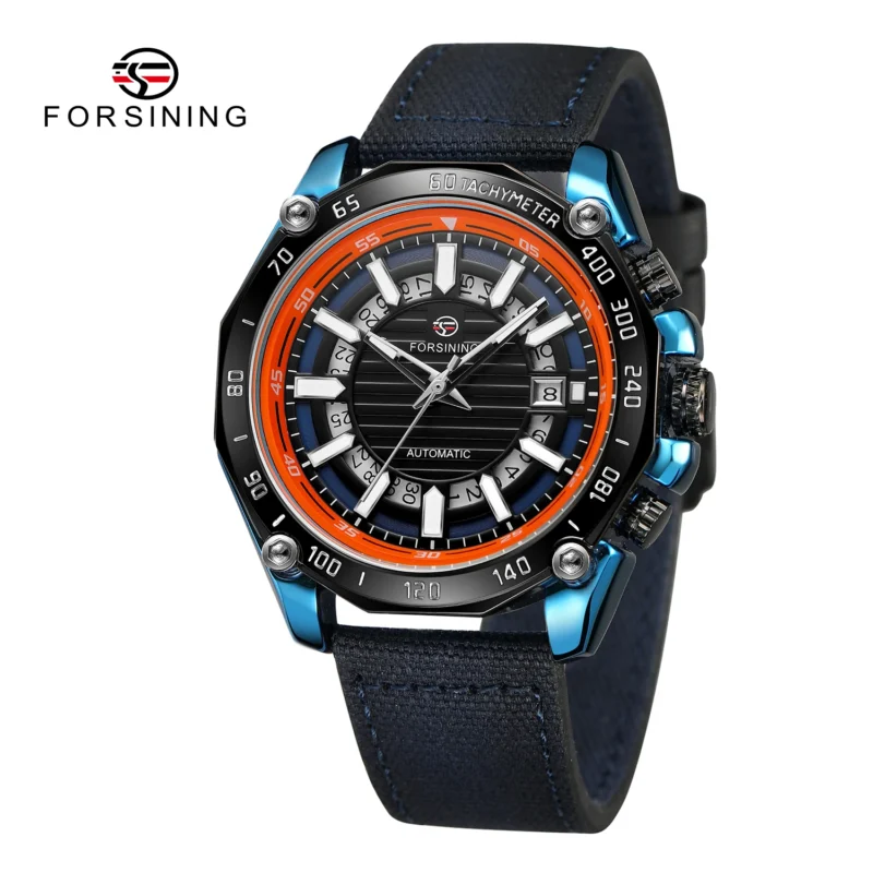 Skeleton Automatic Watch with Complete Calendar, Luminous Dial and Orange Leather Strap - Image 9